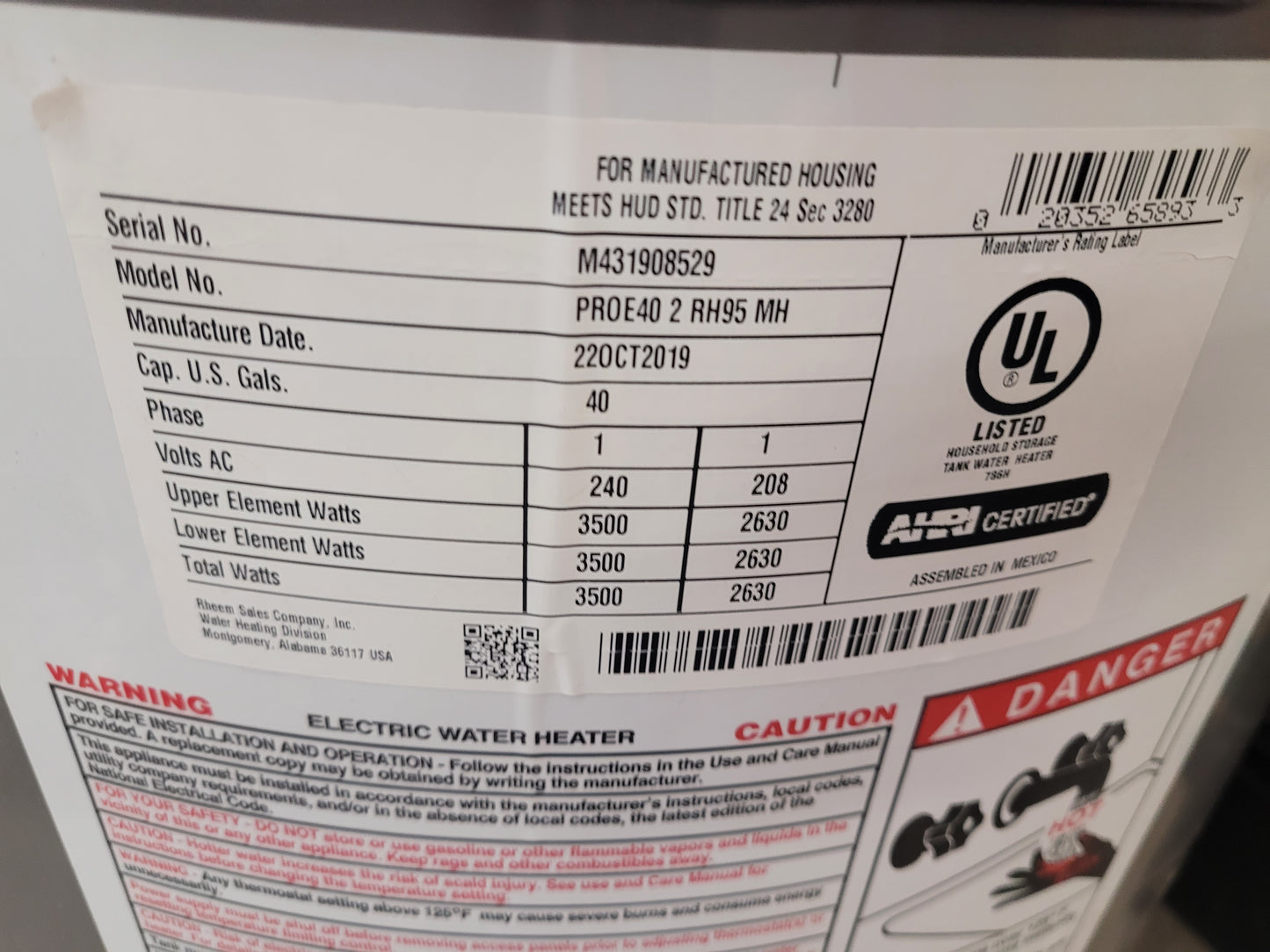 RHEEM Electric Water Heater 240V AC 40-gal 4,500 W Single Phase 48.3 in Ht, 21 gph @ 90°F