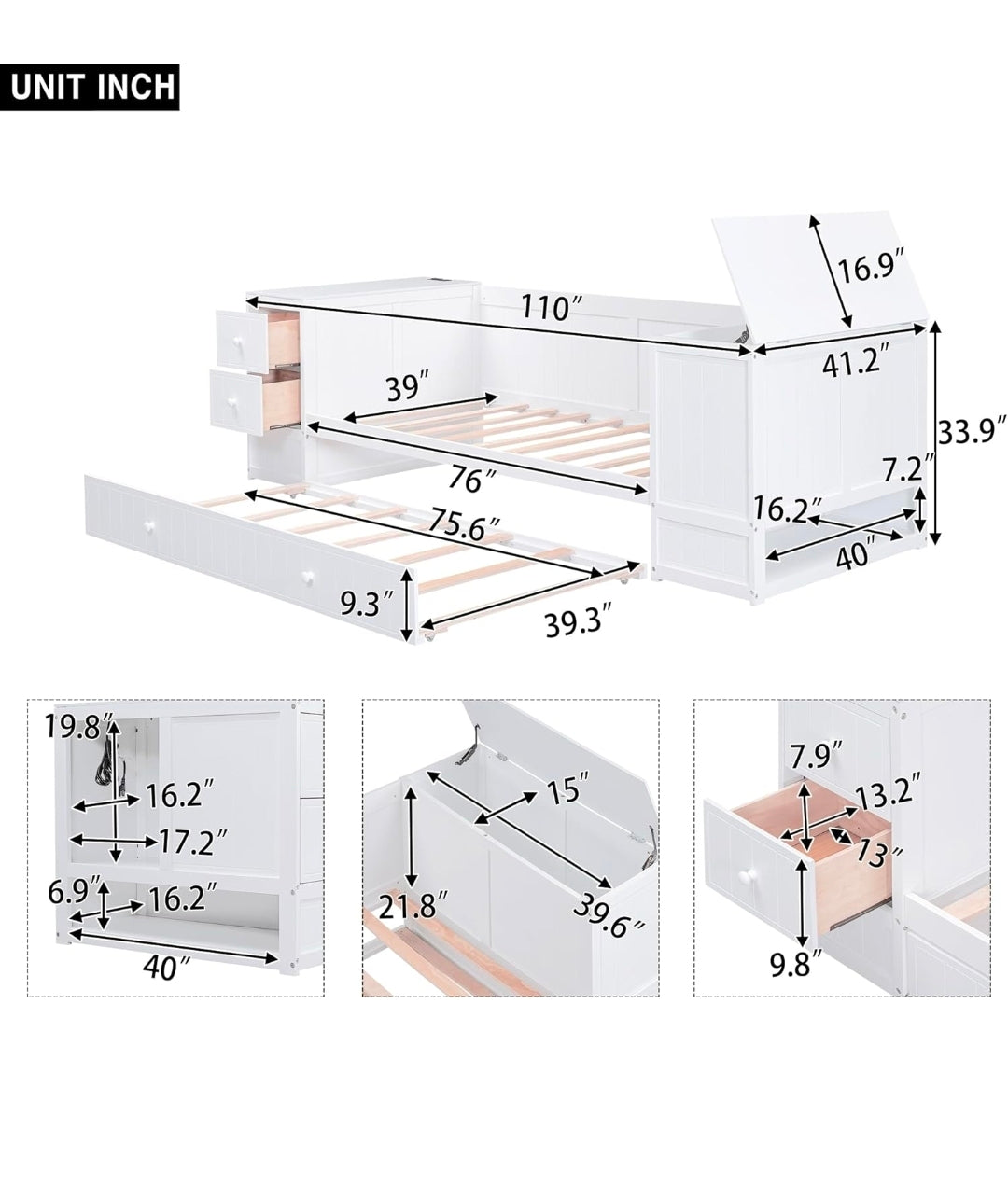 Qualler White Twin Size Daybed with Storage Arms, Trundle and Charging Station