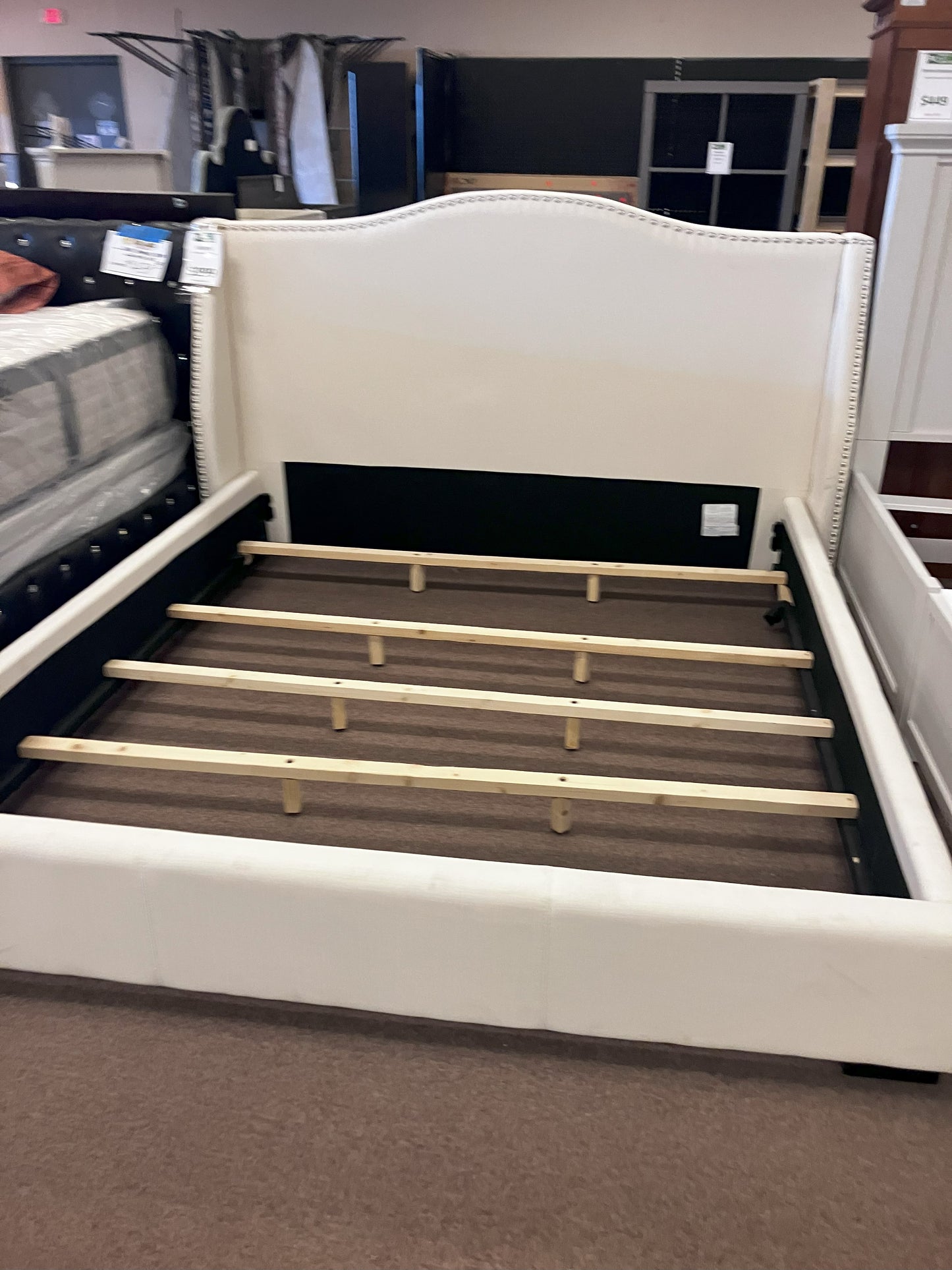 *Antique White Polyester Upholstered Panel Bed Cal King