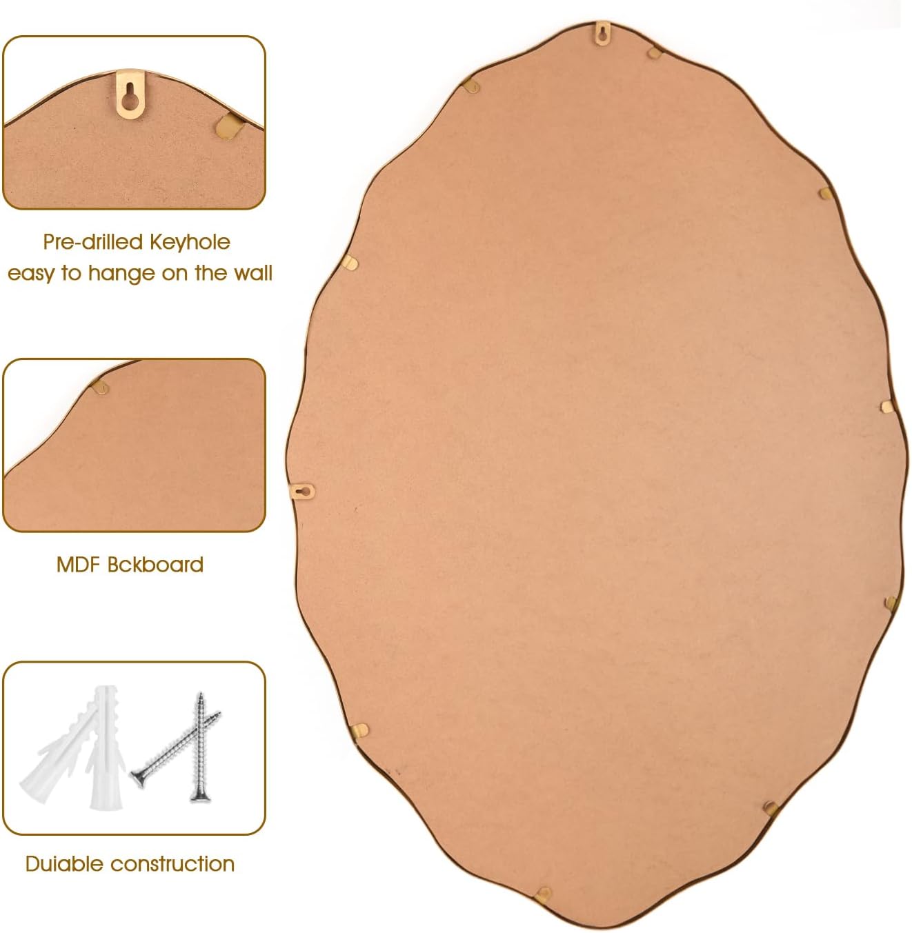 Varsoul 20 * 30 Inch Brushed Gold Oval Ripple Bathroom Mirror Wall