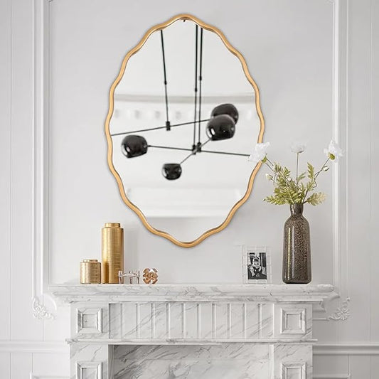 Varsoul 20 * 30 Inch Brushed Gold Oval Ripple Bathroom Mirror Wall