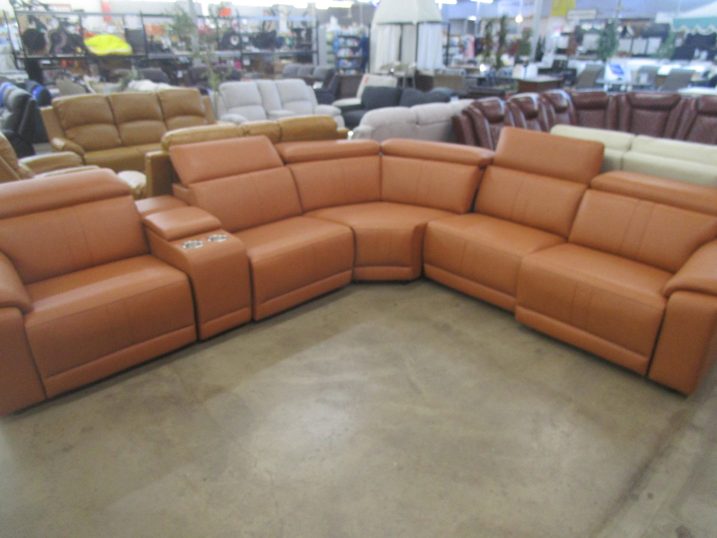 Power recliner light brown reclining sectional sofa with usb ports, 5 seater leather reclining couch.