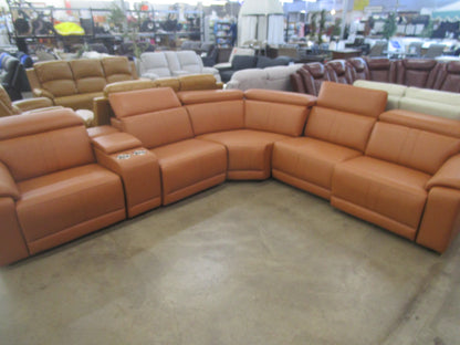 Power recliner light brown reclining sectional sofa with usb ports, 5 seater leather reclining couch.