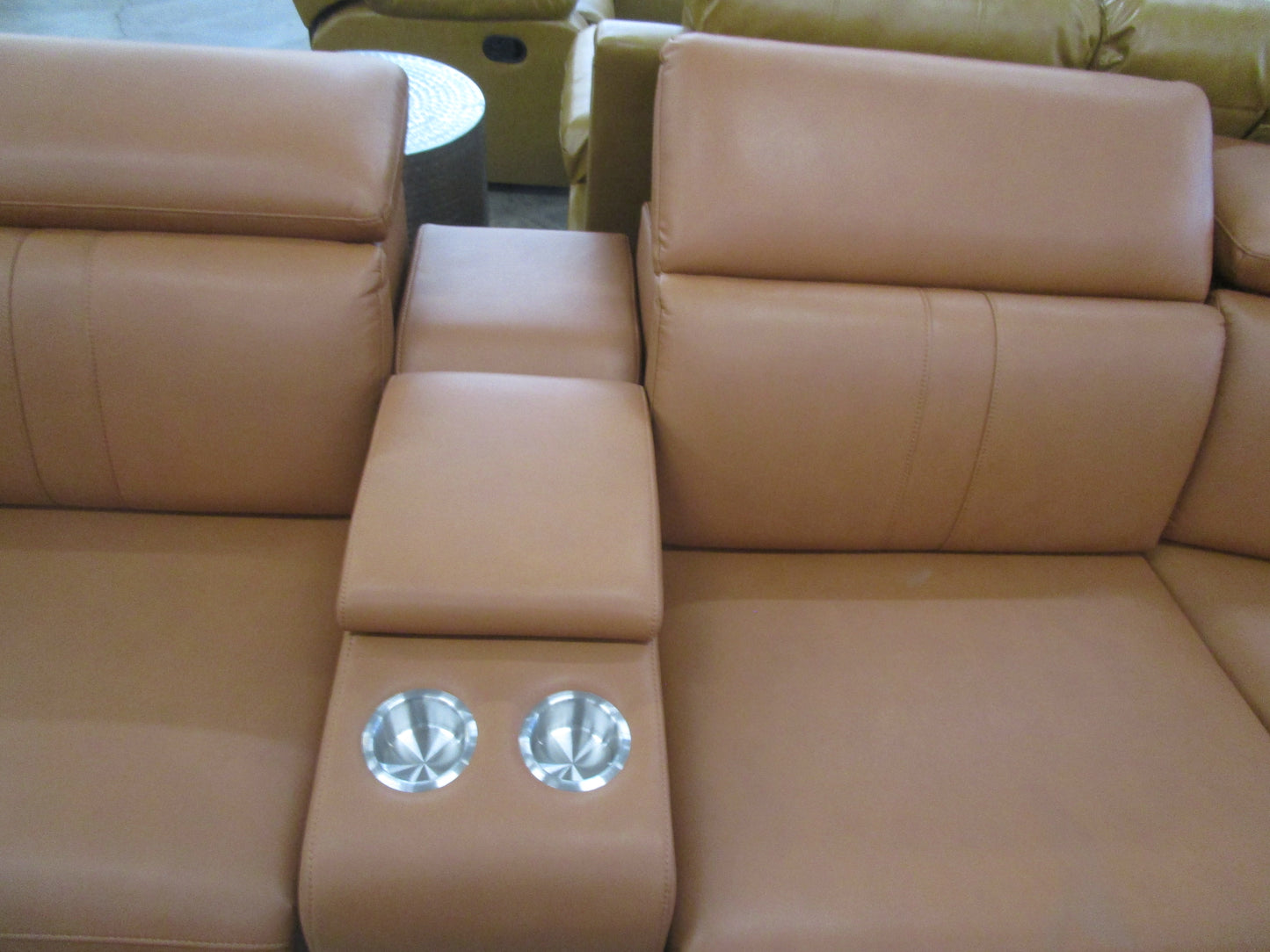 Power recliner light brown reclining sectional sofa with usb ports, 5 seater leather reclining couch.