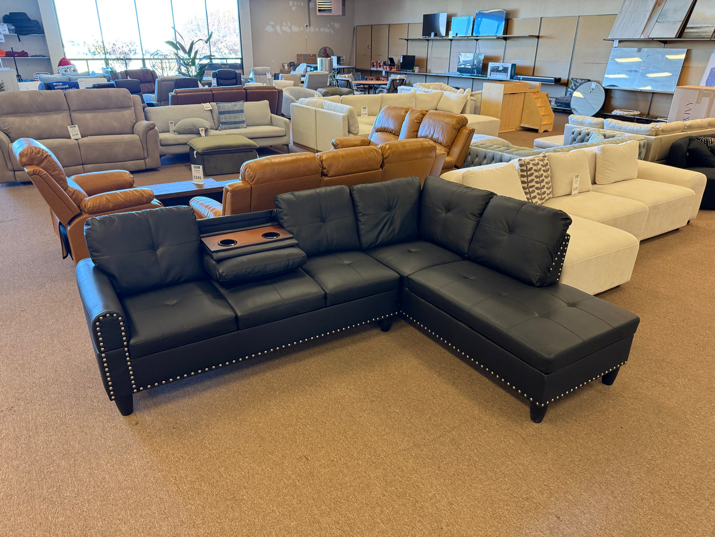 *Contemporary Sectional Sofa Couch w/ Chaise & Storage Ottoman in Black