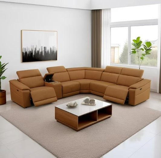 Power recliner light brown reclining sectional sofa with usb ports, 5 seater leather reclining couch.