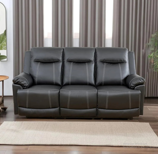 Black flaux leather sofa with cup holder.