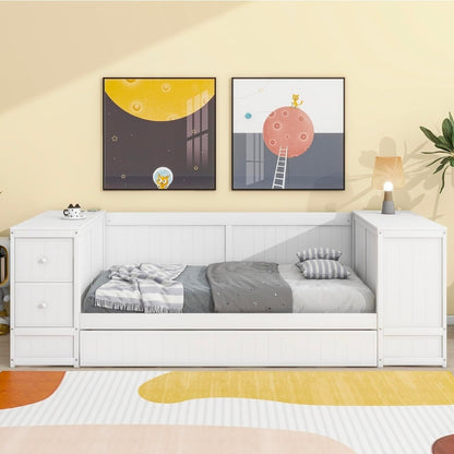 Qualler White Twin Size Daybed with Storage Arms, Trundle and Charging Station