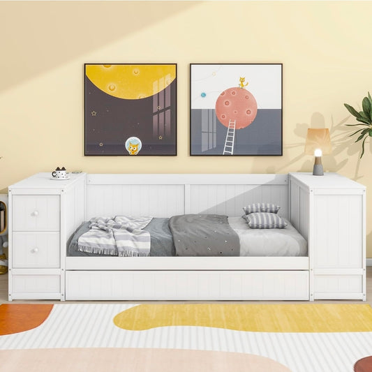 Qualler White Twin Size Daybed with Storage Arms, Trundle and Charging Station