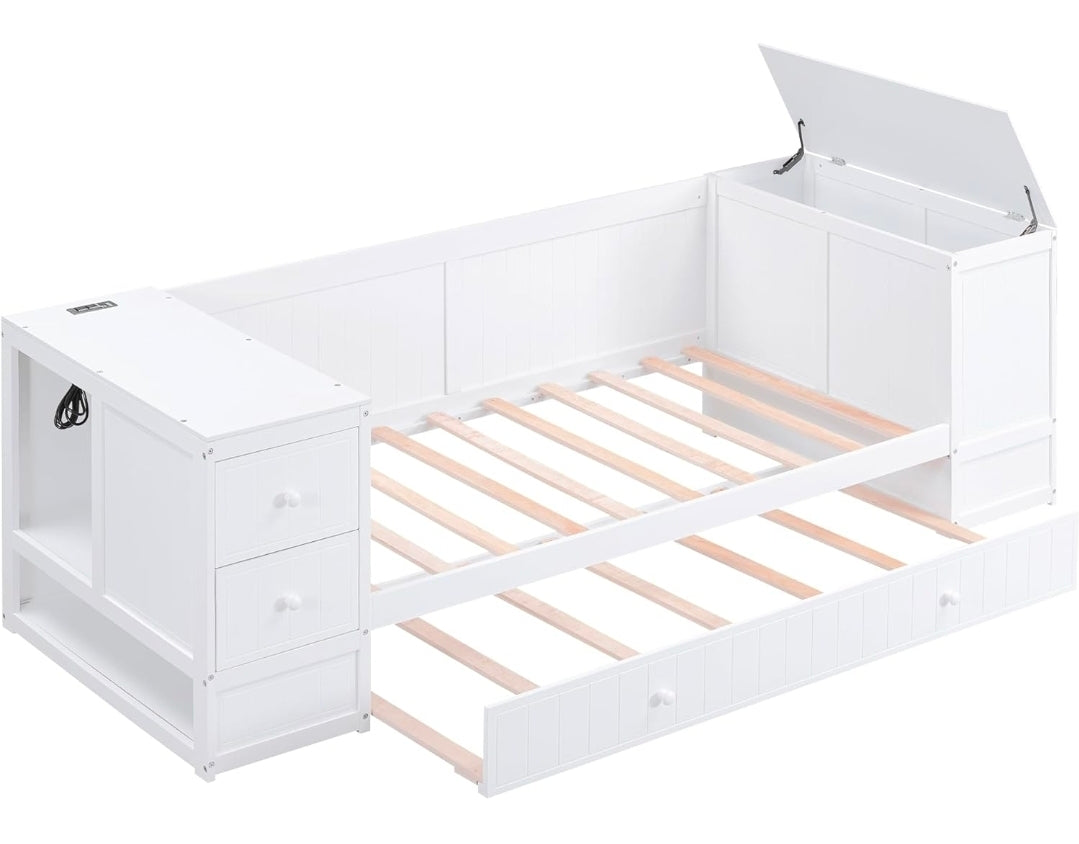 Qualler White Twin Size Daybed with Storage Arms, Trundle and Charging Station
