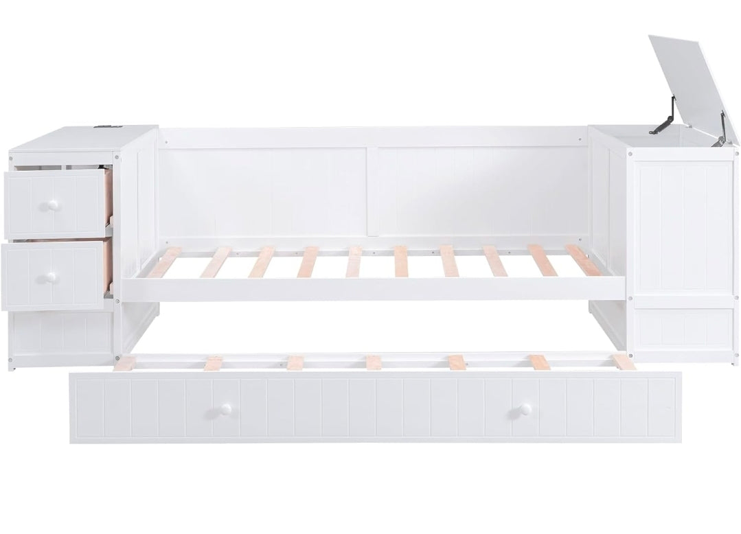 Qualler White Twin Size Daybed with Storage Arms, Trundle and Charging Station