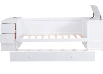 Qualler White Twin Size Daybed with Storage Arms, Trundle and Charging Station