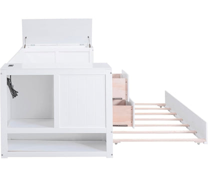 Qualler White Twin Size Daybed with Storage Arms, Trundle and Charging Station