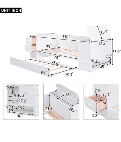Qualler White Twin Size Daybed with Storage Arms, Trundle and Charging Station
